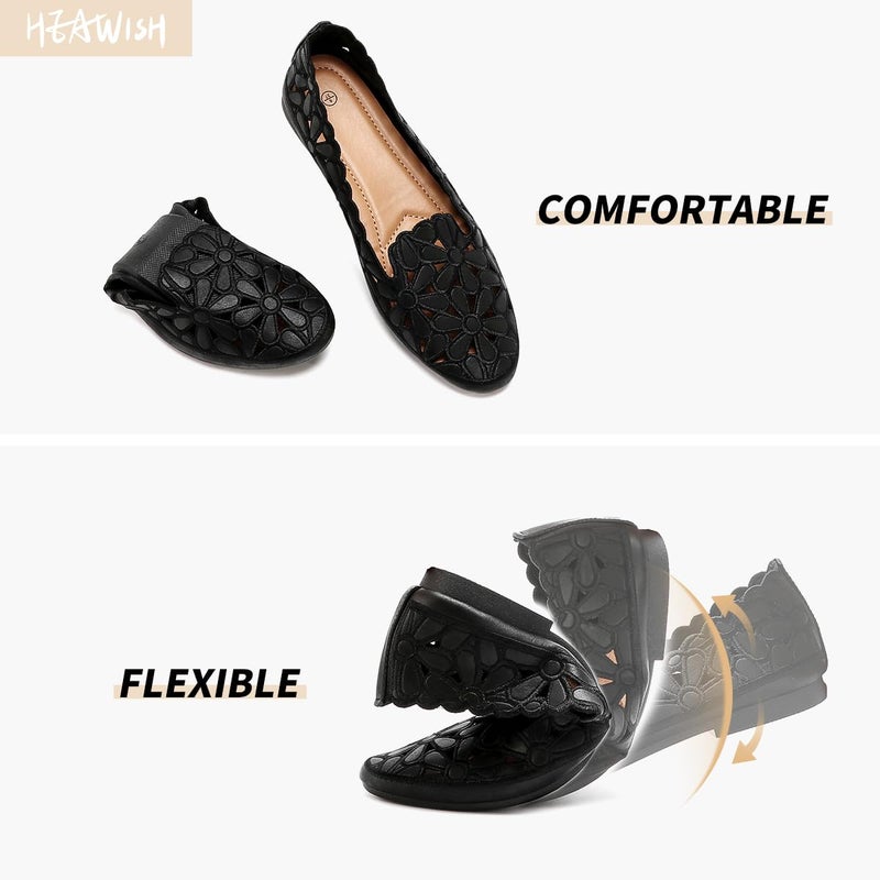 HEAWISH Women's Floral Ballet Flats for Women Black Beige Slip On Flowers PU Leather Round Toe Dress Shoes(Black,US6) - Image 3